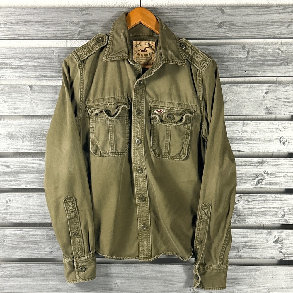 Hollister Mens XS Olive Green Military Utility Button Down Shirt Vtg y2k